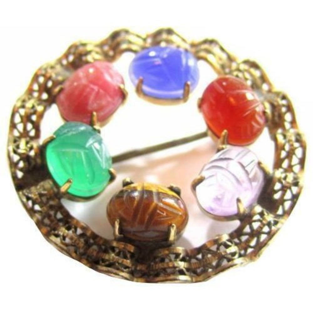 Egyptian Revival Gemstone Scarab Beetle Signed WRE 1/20 12K Gold Filled Pin‎